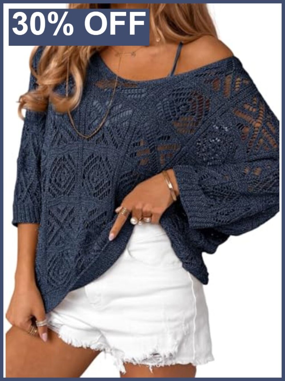 Crochet Hollow Out 3/4 Sleeve Off Shoulder Pullover Sweater Beach Cover Up